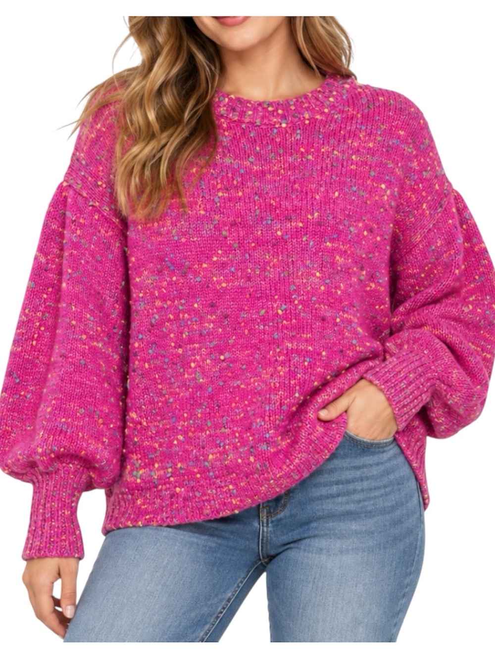 Main Strip Large Hot Pink Confetti Speckled Knit Balloon Sleeve Sweater